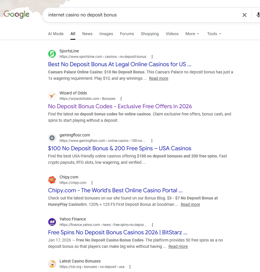 no deposit casino search on the web